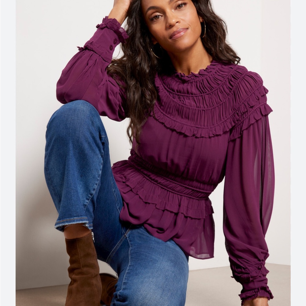 Farm Rio Ruffle High Neck Blouse Burgundy NWOT - Picture 2 of 6